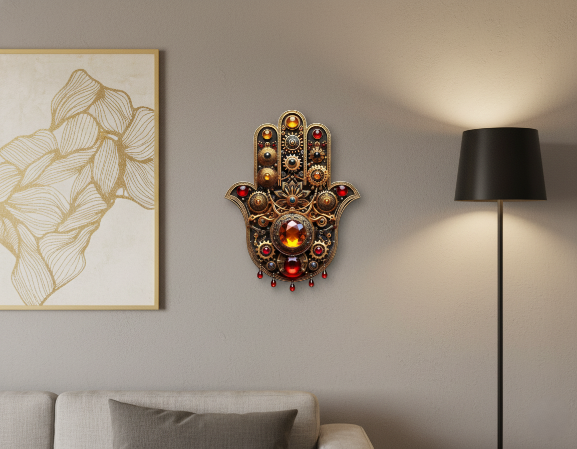Unique Original Wooden Hamsa Hand Wall hanging Art decor - Gears & Gemstone Design (8x10.6 Inch)