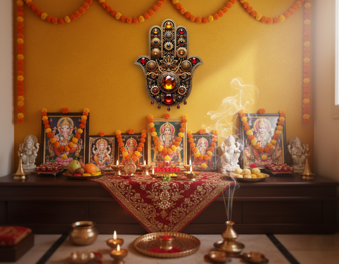 Unique Original Wooden Hamsa Hand Wall hanging Art decor - Gears & Gemstone Design (8x10.6 Inch)