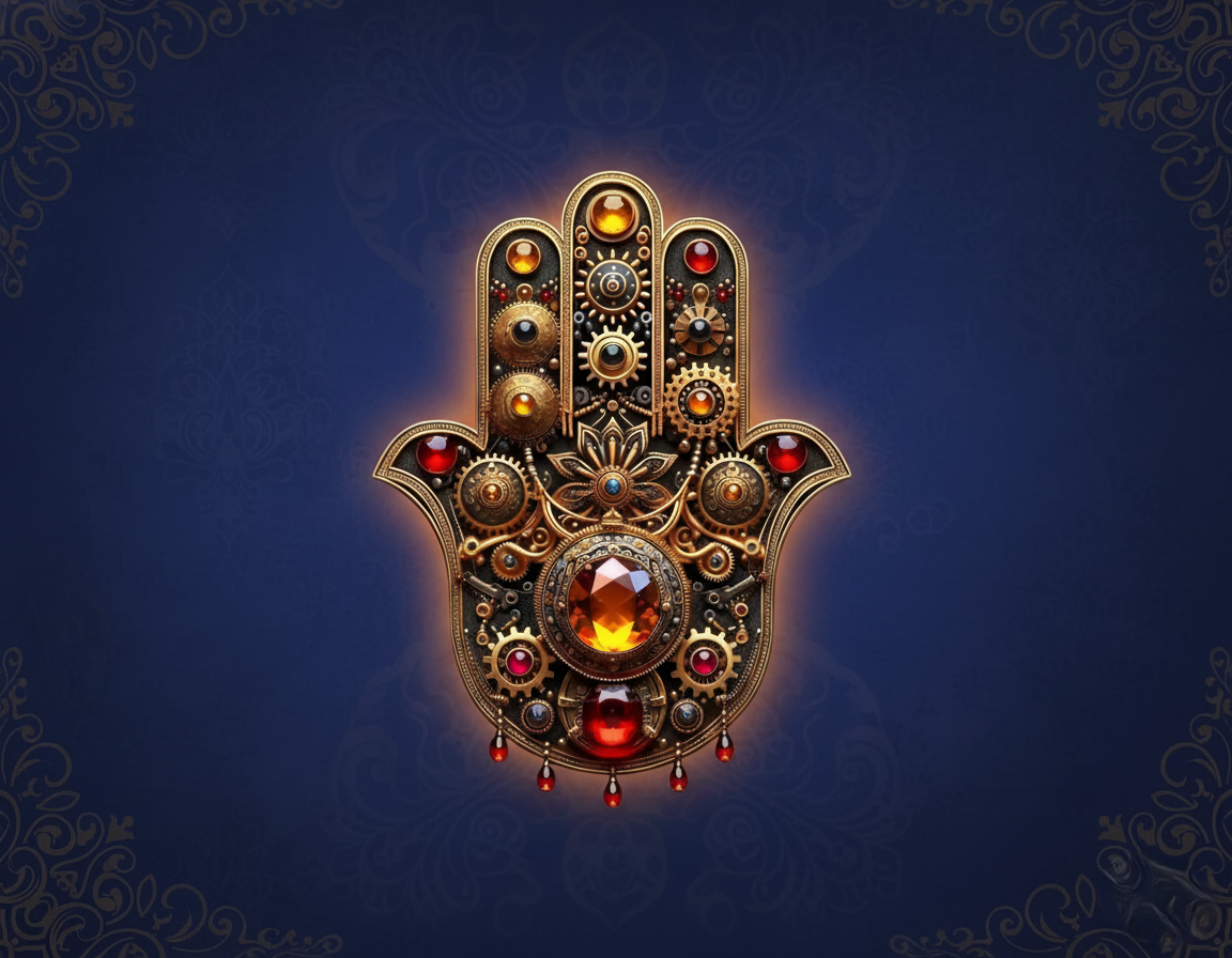 Unique Original Wooden Hamsa Hand Wall hanging Art decor - Gears & Gemstone Design (8x10.6 Inch)