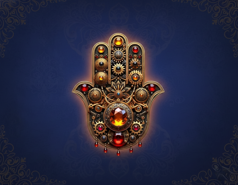 Unique Original Wooden Hamsa Hand Wall hanging Art decor - Gears & Gemstone Design (8x10.6 Inch)